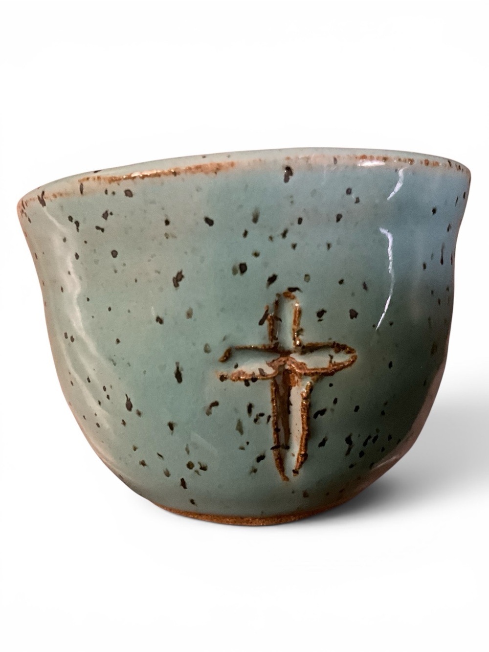 Handmade Studio Pottery Communion Cup Aqua Speckled Glaze Cross Christian